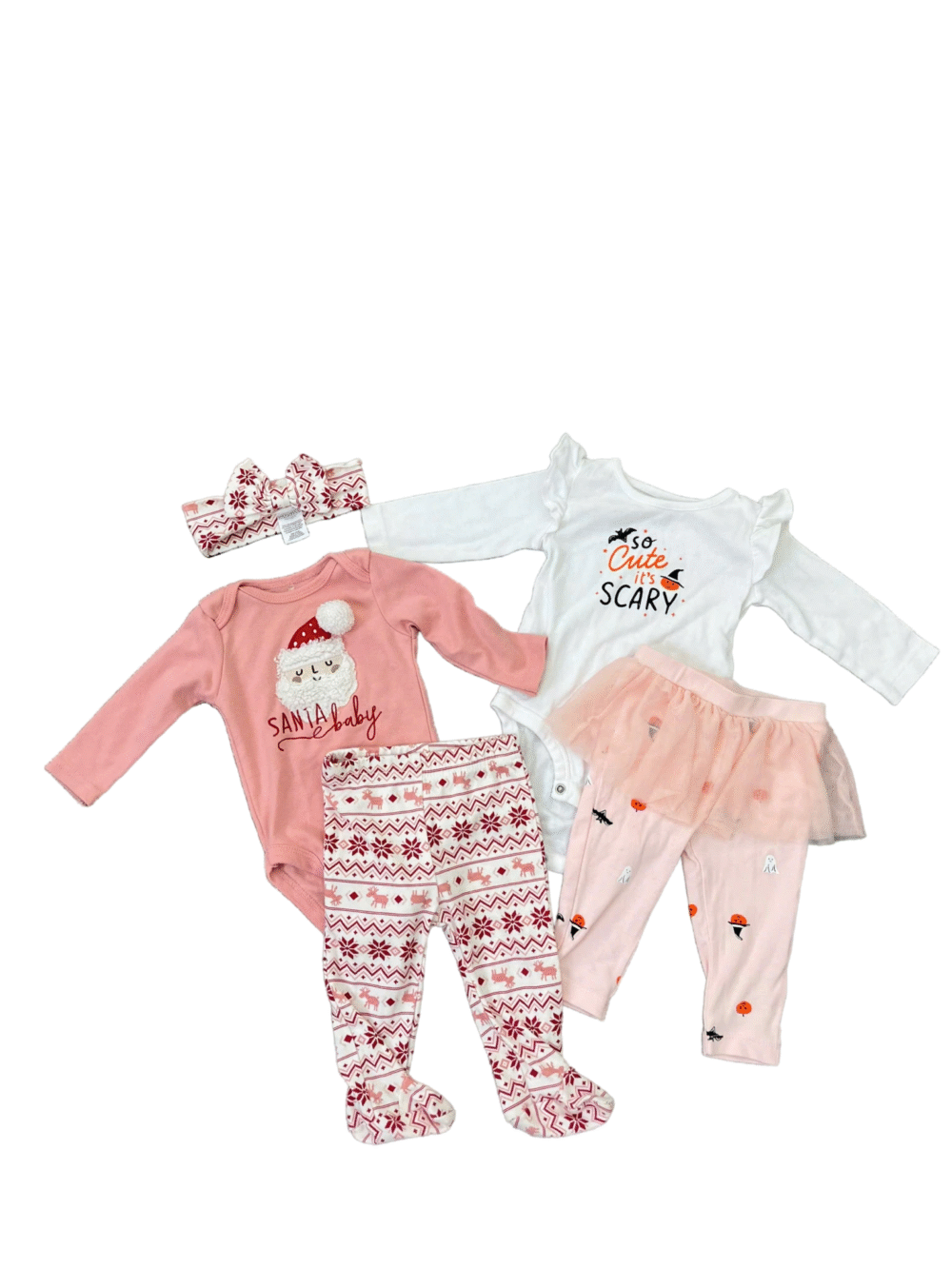 Set 2 bộ đồ dài tay bé gái (bodysuit kèm quần) noel và halloween mix brand 3-6M carters