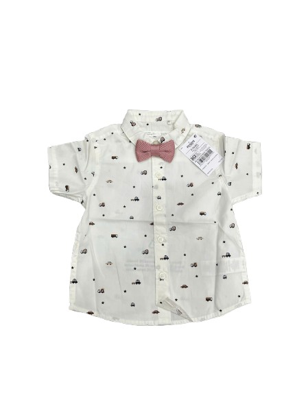 Áo sơ mi bé trai Next baby màu trắng hoạ tiết o tô mini và nơ hồng (9 đến 12 tháng) Next baby