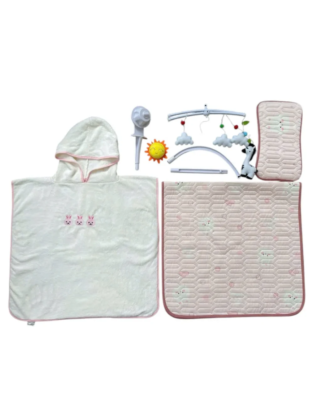 Set tấm lót điều hoà bé nằm kèm gối, thanh treo nôi, áo choàng tắm bé