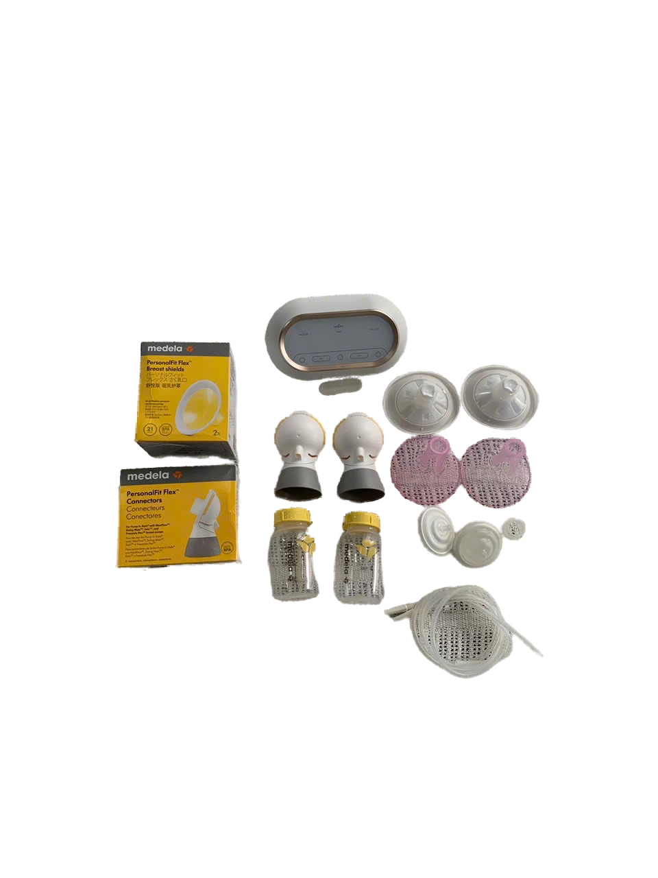 Máy hút sữa điện đôi mix brand: động cơ Spectra dual compact, cổ nối Medela Flex, phễu silicone Mama choice & Medela Flex, bình sữa Medela