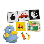 Set sách âm thanh thị giác Lalabook & set 4 sách kích thích thị giác & gối chống u đầu & 2 món đồ chơi cầm nắm luyện vận động cho bé