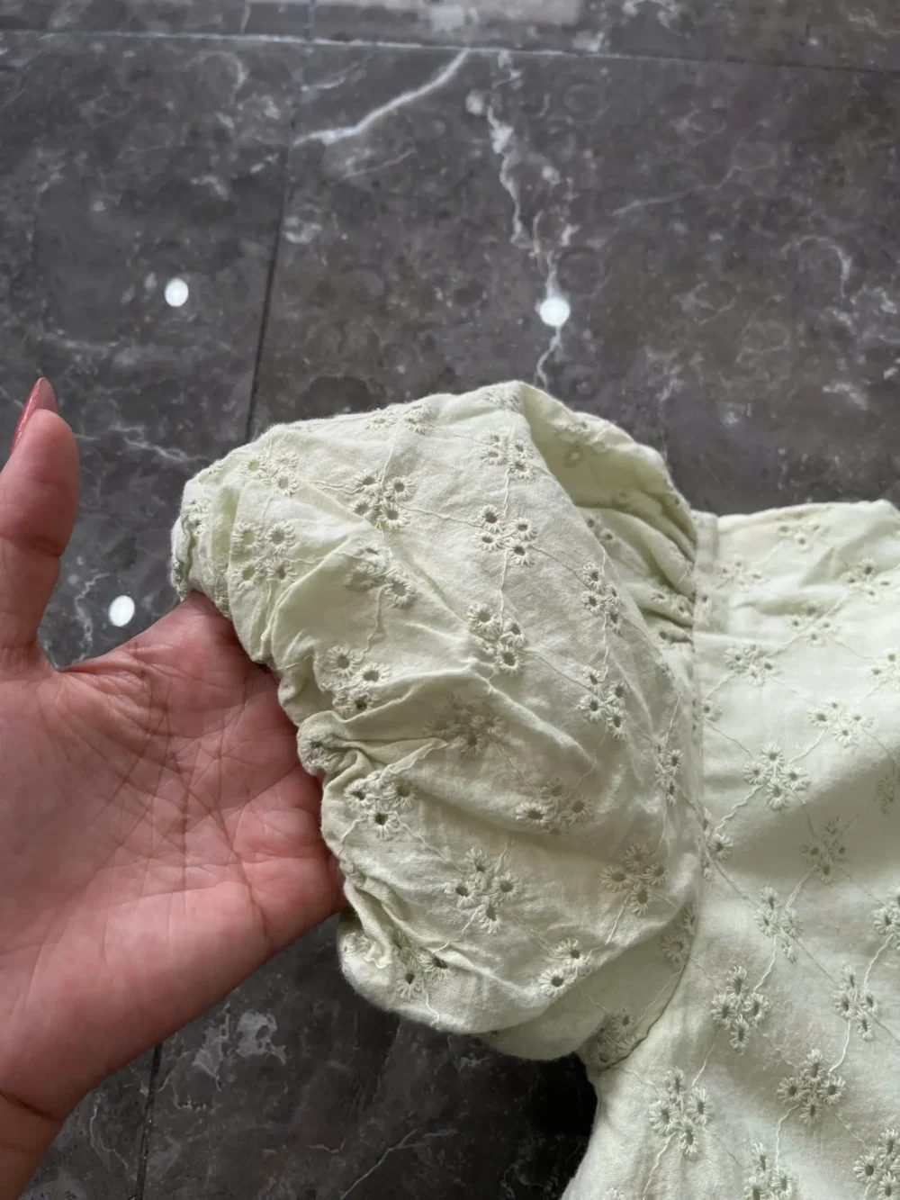 Váy đầm bé gái tay phồng xanh pastel thêu hoa nhí Hebechicc (váy 2 lớp) 3-4 tuổi - Ảnh 5