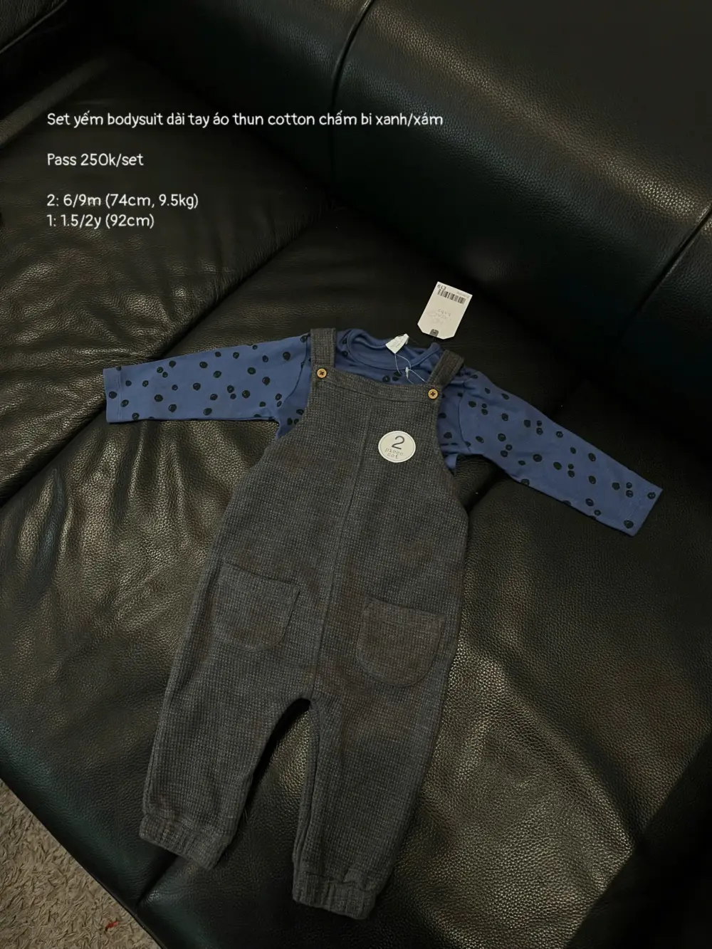 Set yếm dài tay áo thun cotton chấm bi Next baby màu xanh, xám (size 6/9m, 1.5/2y)