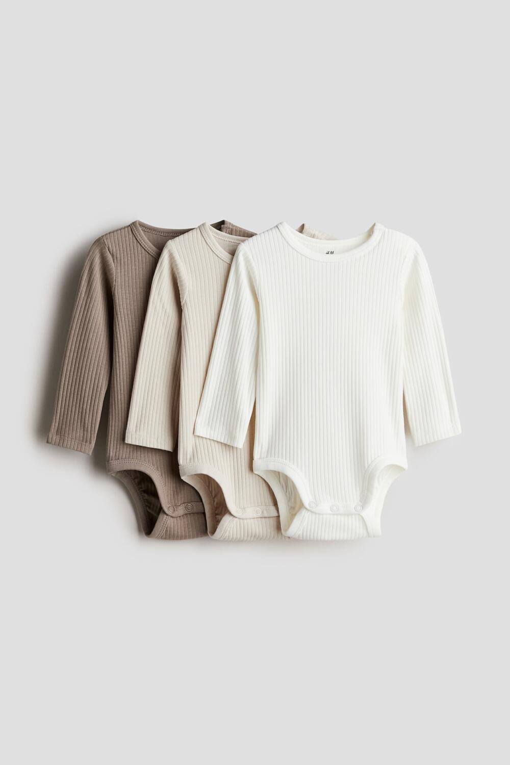 Set 3 bộ bodysuit H&M gân tone neutral (size: 12/18m) tặng kèm quần short Kaki Uniqlo - Ảnh 2