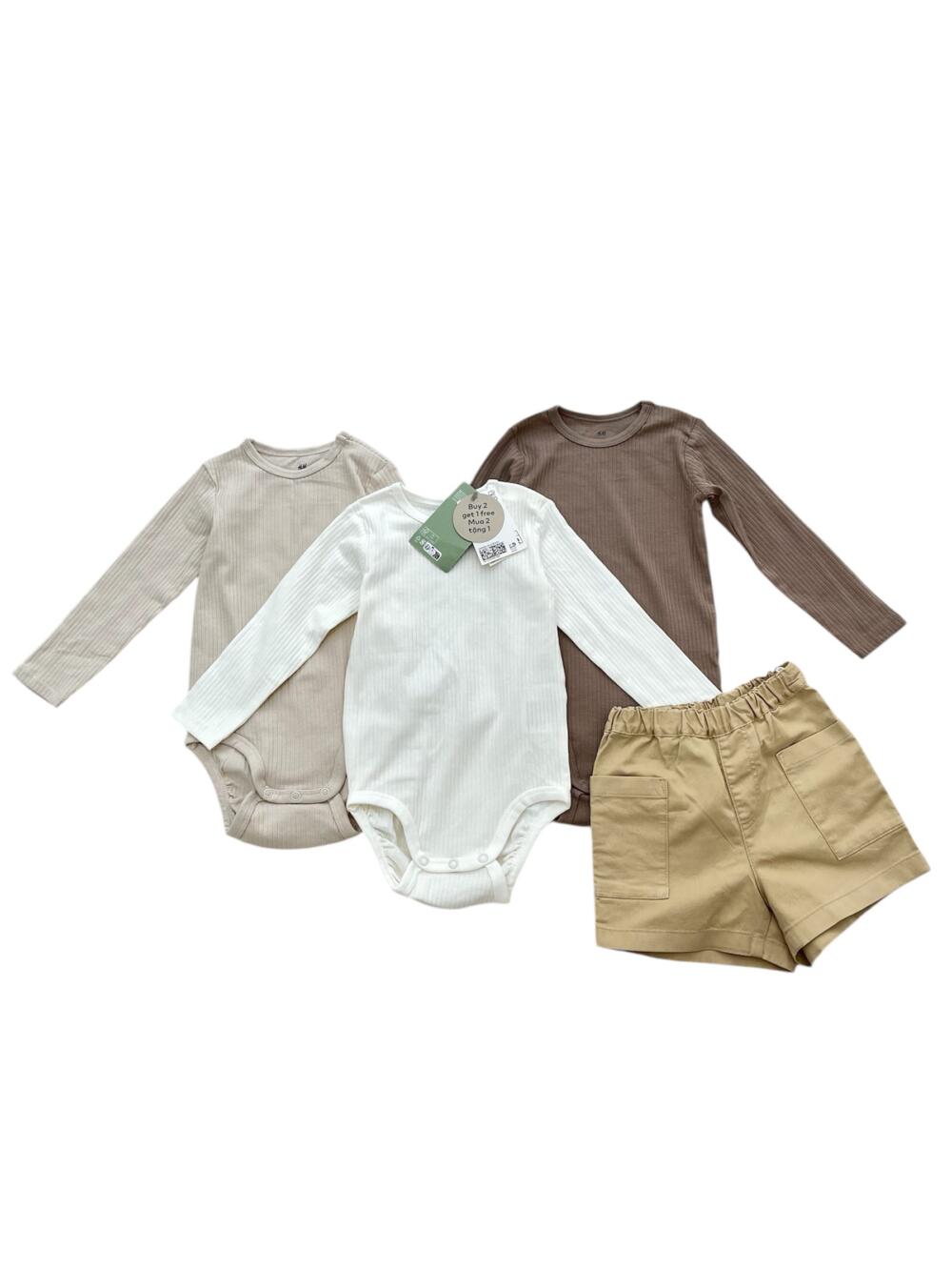 Set 3 bộ bodysuit H&M gân tone neutral (size: 12/18m) tặng kèm quần short Kaki Uniqlo - Ảnh 1