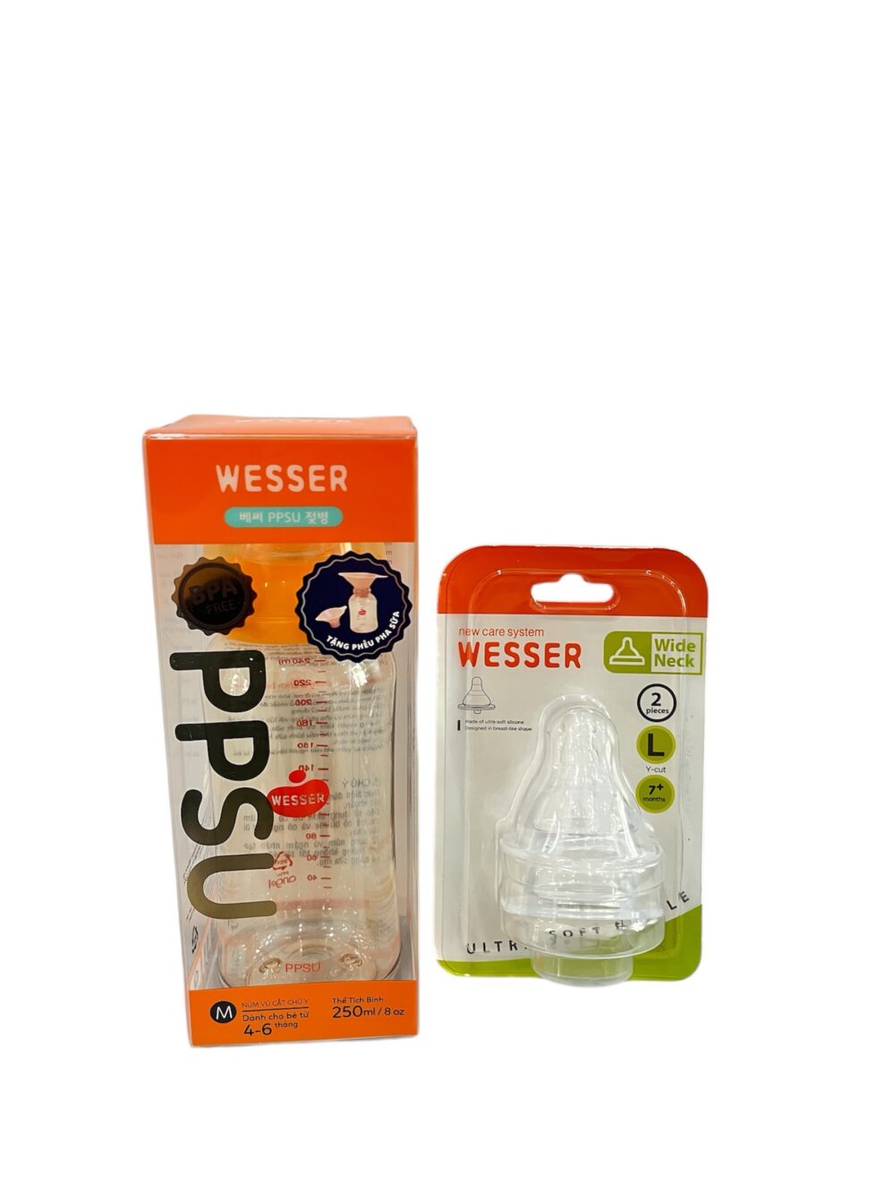 Set bình sữa Wesser cổ hẹp 250ml nhựa PPSU (size núm: 4/6m) & núm ti Wesser (size: 7m+) - Ảnh 1
