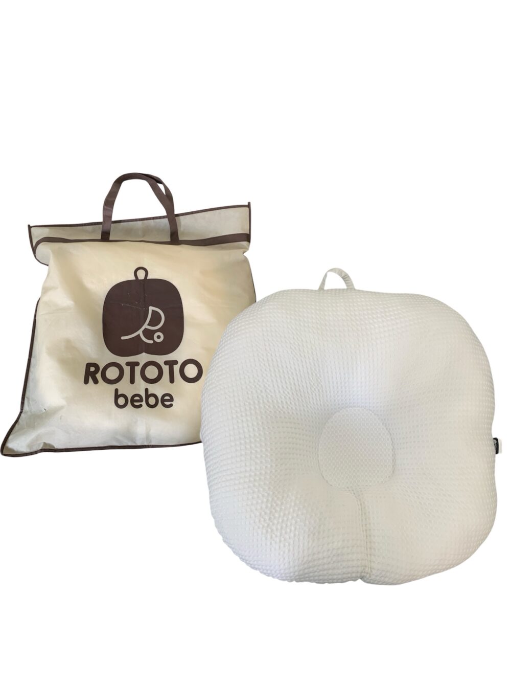 7dab6efc1a544c688cd912fd6498e95f Gối chống trào ngược Rototo bebe vải air mesh waffle màu trắng (còn túi đựng hãng) - Ảnh 1