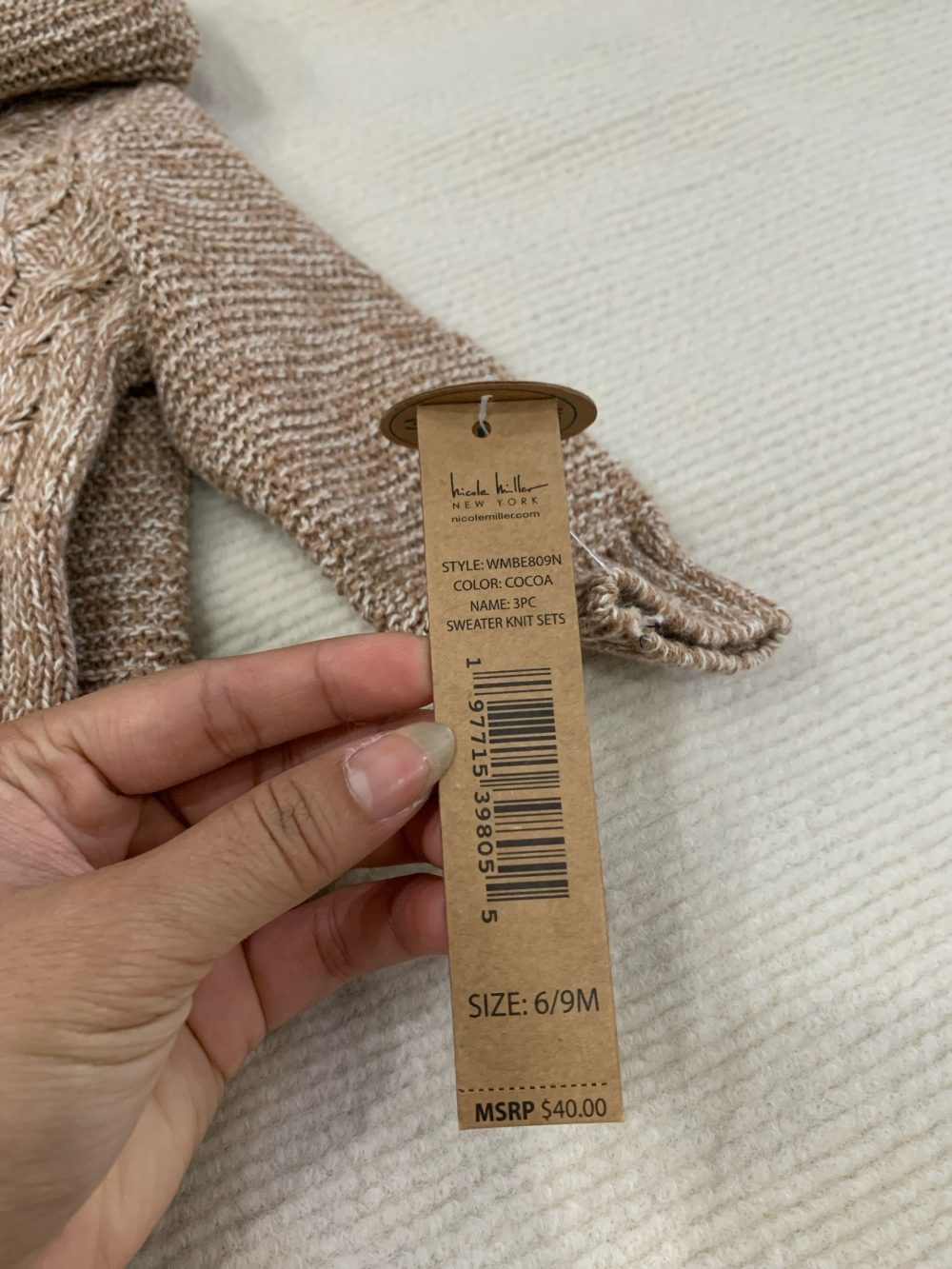 Set bộ đồ len dài tay kèm mũ Nicole Miller màu cocoa (size:6/9M) - Ảnh 9