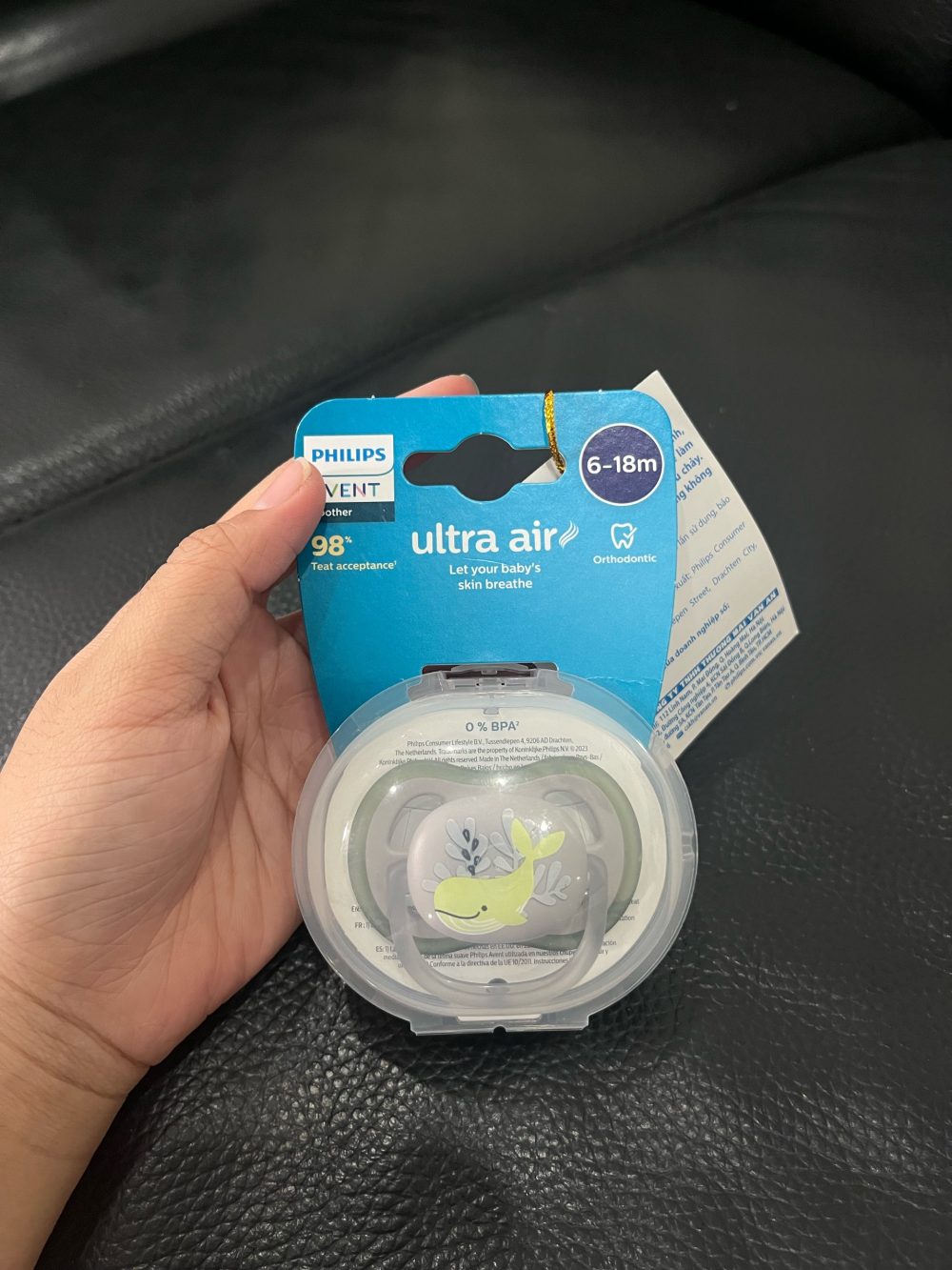 Ti giả Philips Avent màu xám hoạ tiết cá heo 6->18m( full box) - Ảnh 3