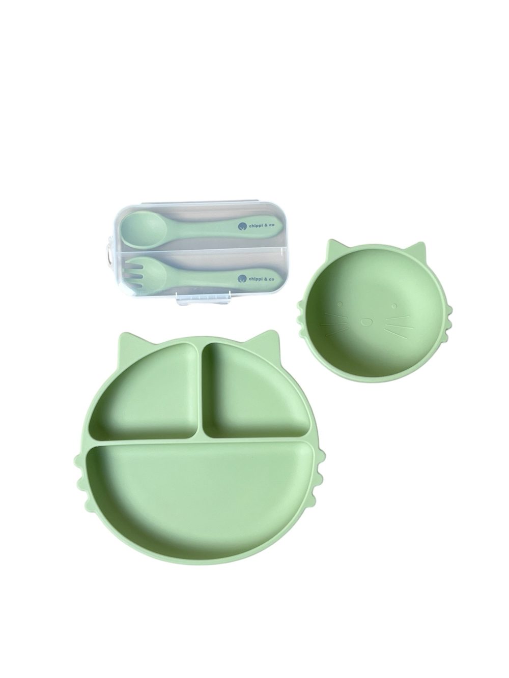 Set ăn dặm Silicone Chippiandco hoạ tiết mèo màu xanh - Ảnh 1