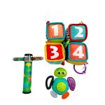 Set 3 món đồ chơi hình khối khám phá bằng vải và đồ chơi gặm nướu hình chú rùa infantino, kính vạn hoa lắp lánh moulin roty