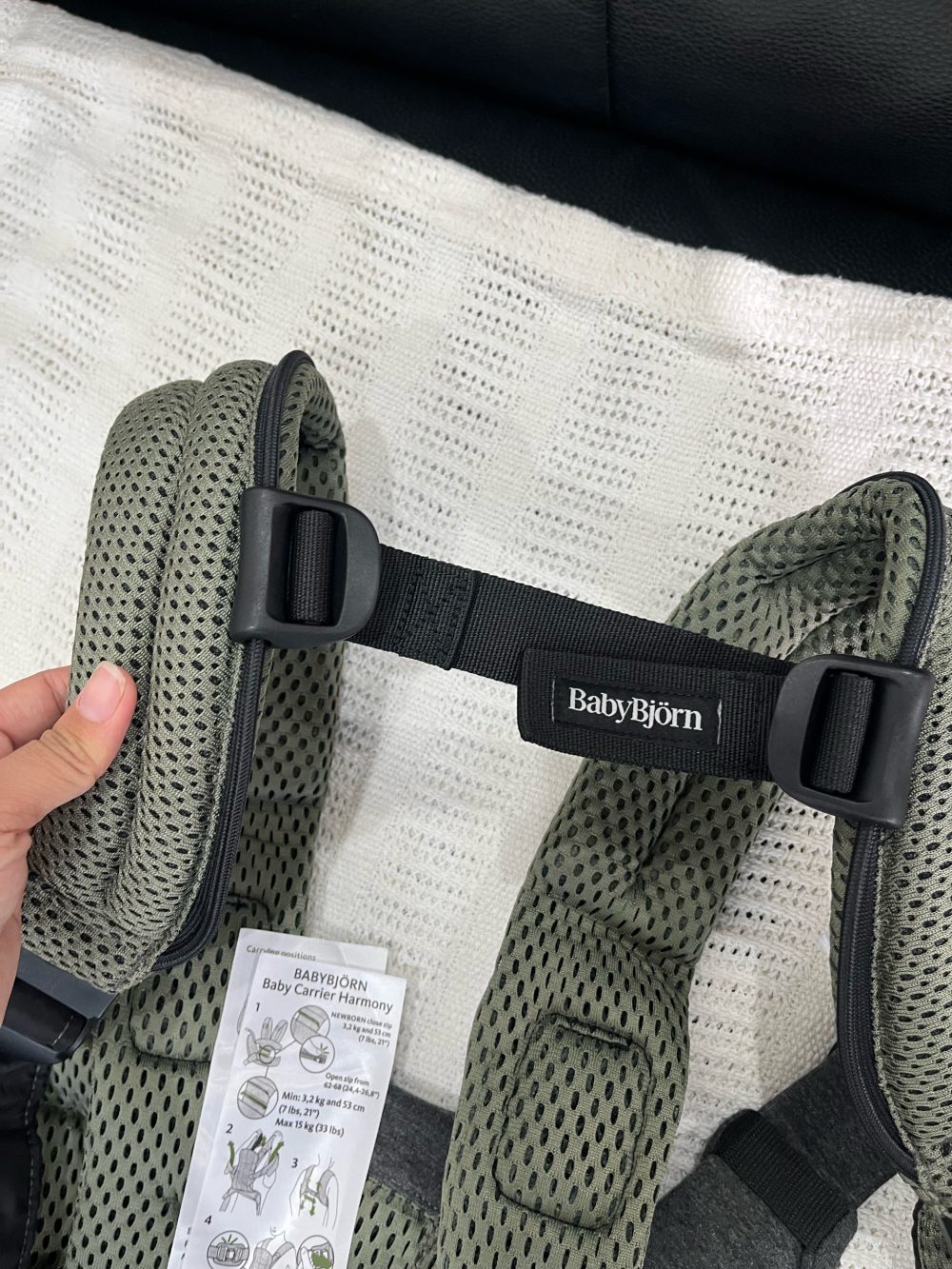 Địu Baby Bjorn Harmony màu xanh rêu - sơ sinh: 3kg2->15kg ( full box) - Ảnh 4