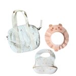 Set 3 món túi đựng bĩm sữa, yếm ăn, mũ tắm gội bé mix brand anbe( tặng kèm khay trữ đông dottodot và bộ khuôn hấp trứng)