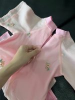 Set áo dài hồng phối quần lụa xanh tặng kèm bodysuit Obaibi màu xanh (size: 9→12m) - Ảnh 13