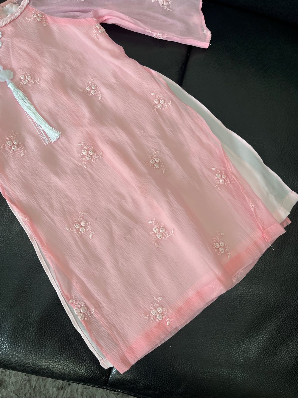 Áo dài cách tân thêu hoa màu hồng Tutupetti kèm quần no brand (13→15kg) - Ảnh 15
