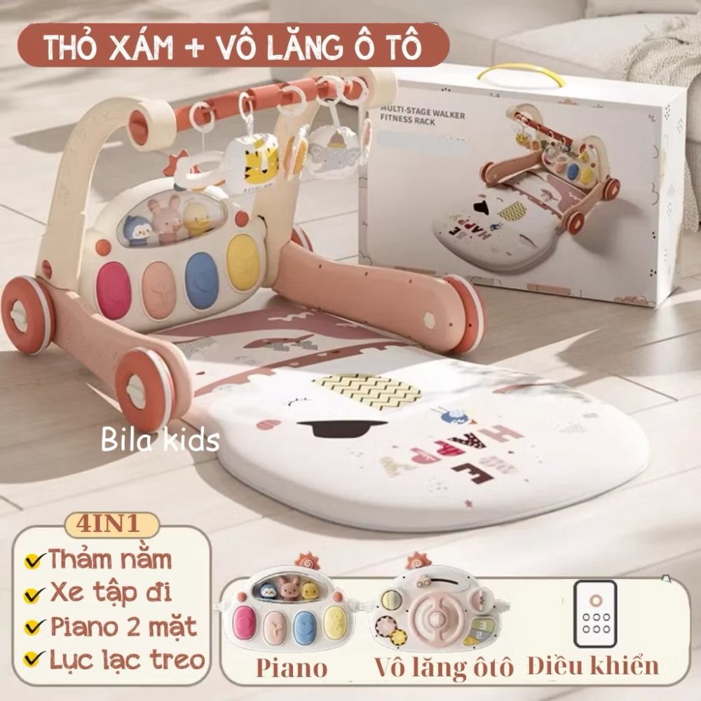 Thảm nhạc kiêm xe tập đi thỏ hồng 4in1 + điều khiển (fullbox, mới 100%) - Ảnh 5