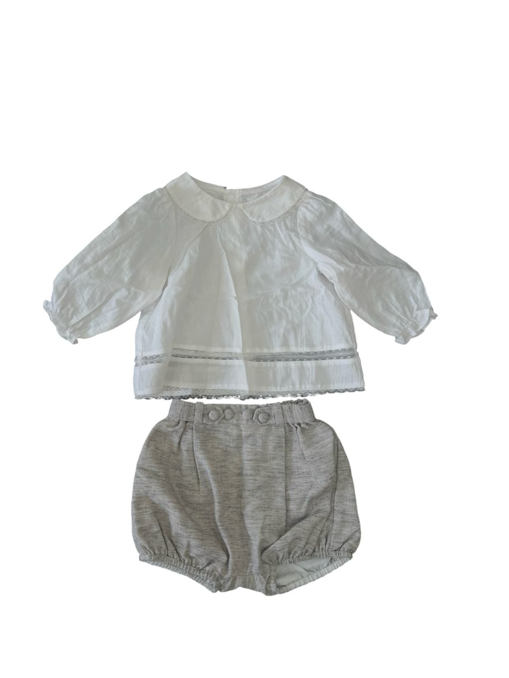 Set áo phối ren trắng, quần bí màu xám Nous Petit à petit (size 6m) - Ảnh 1