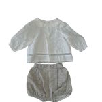 Set áo phối ren trắng, quần bí màu xám Nous Petit à petit (size 6m)