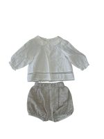 Set áo phối ren trắng, quần bí màu xám Nous Petit à petit (size 6m)
