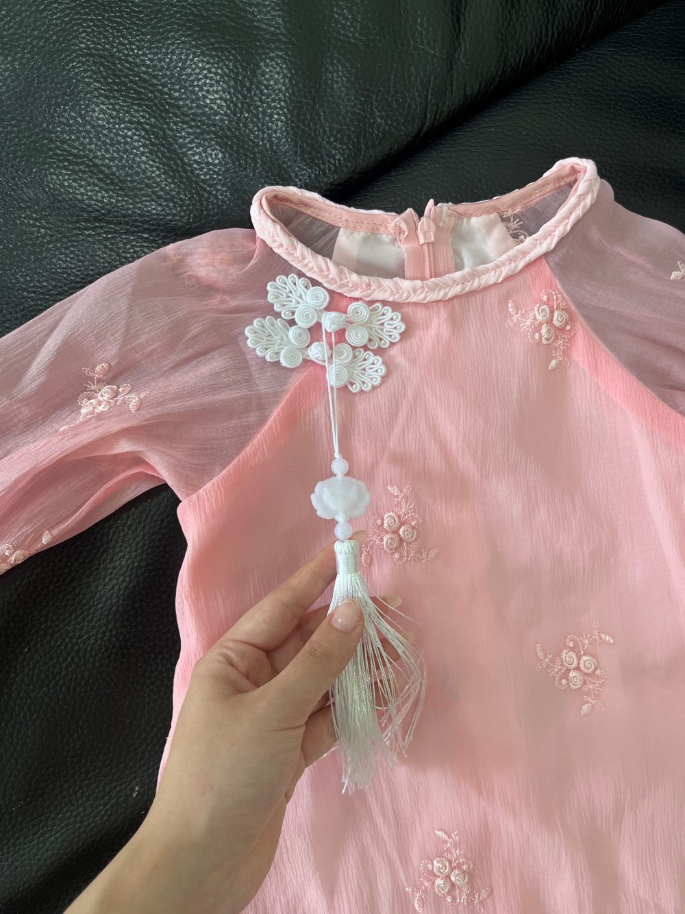 Áo dài cách tân thêu hoa màu hồng Tutupetti kèm quần no brand (13→15kg) - Ảnh 14