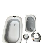 Set 4 món thau tắm, tựa lưng, ca tắm, mũ tắm màu xám, trắng
