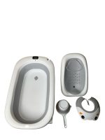 Set 4 món thau tắm, tựa lưng, ca tắm, mũ tắm màu xám, trắng