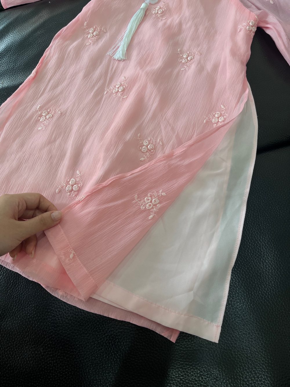 Áo dài cách tân thêu hoa màu hồng Tutupetti kèm quần no brand (13→15kg) - Ảnh 11