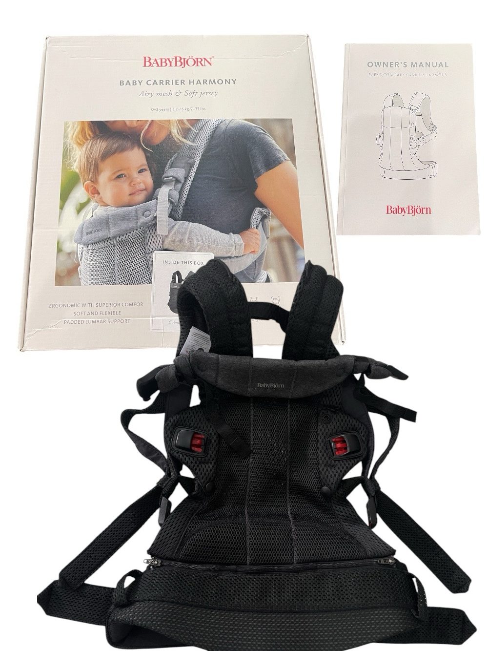 Địu Baby Bjorn Harmony - Màu Black (Full box, Size: 3,2->15kg ~ 0->3y)
