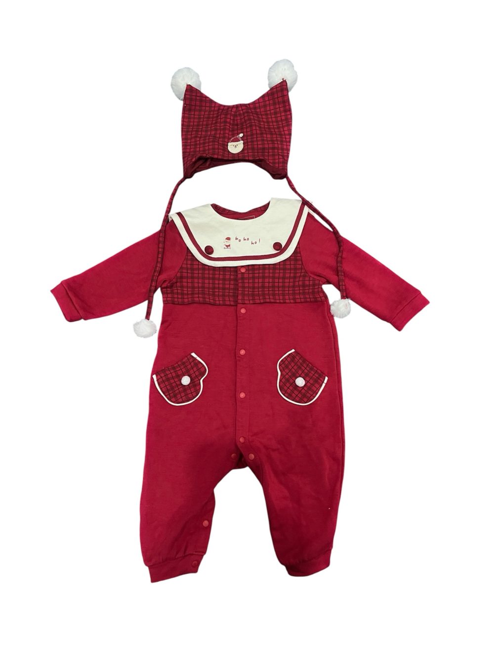 Bộ liền thân dài Nous màu đỏ phối kẻ ca rô kèm mũ và lá cổ trắng (size 6→9m) - Ảnh 1