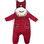 Bộ liền thân dài Nous màu đỏ phối kẻ ca rô kèm mũ và lá cổ trắng (size 6→9m)