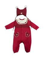 Bộ liền thân dài Nous màu đỏ phối kẻ ca rô kèm mũ và lá cổ trắng (size 6→9m)