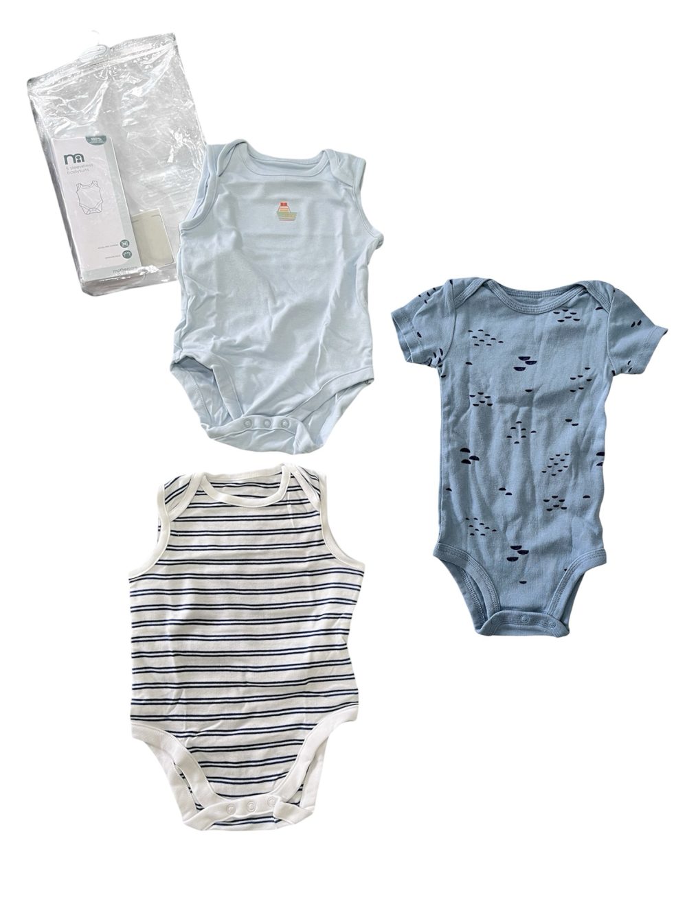 2066b8d867344ba99013a654494a1865 Set 2 bộ bodysuit Mothercare màu xanh kèm bodysuit Carter’s màu xanh (size 6 →9m) - Ảnh 1