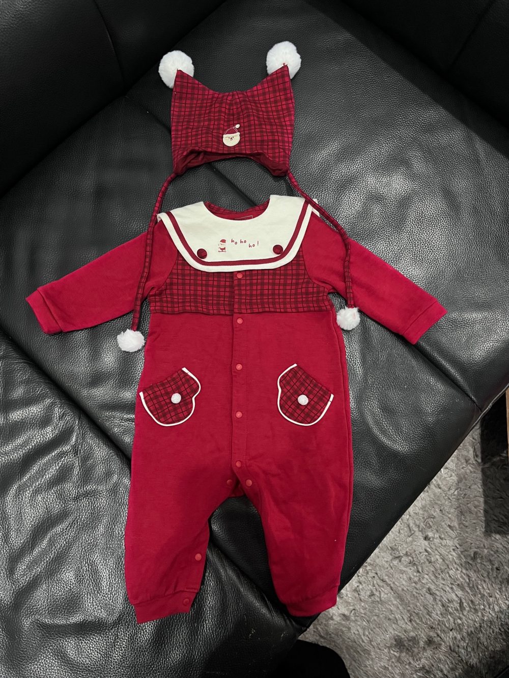 Bộ liền thân dài Nous màu đỏ phối kẻ ca rô kèm mũ và lá cổ trắng (size 6→9m) - Ảnh 8