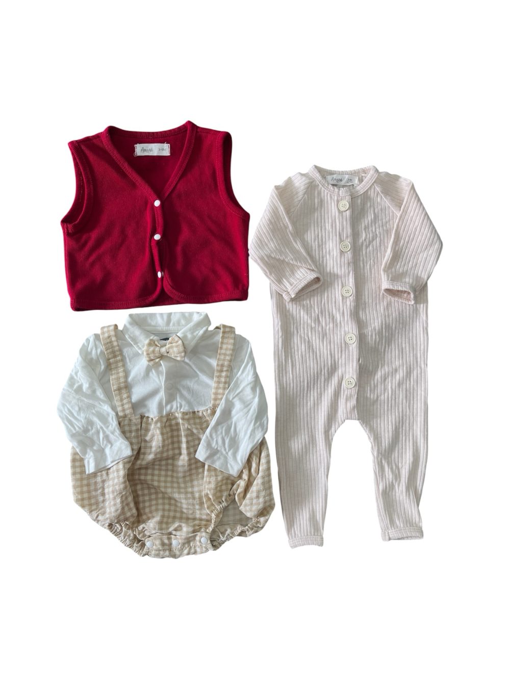 6ee9ea4dc60546a7a716b8642a4ee159 Set bodysuit Amaré kèm áo gile và bộ body chip phối kẻ Uala Rogo màu be (size 3→6m) - Ảnh 1