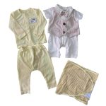 Set bodysuit Bobicraft gile màu nâu kem và bộ quần áo dài tay Boube màu vàng (size 3→6m) tặng kèm ủ quấn Mintuu màu vàng sọc trắng