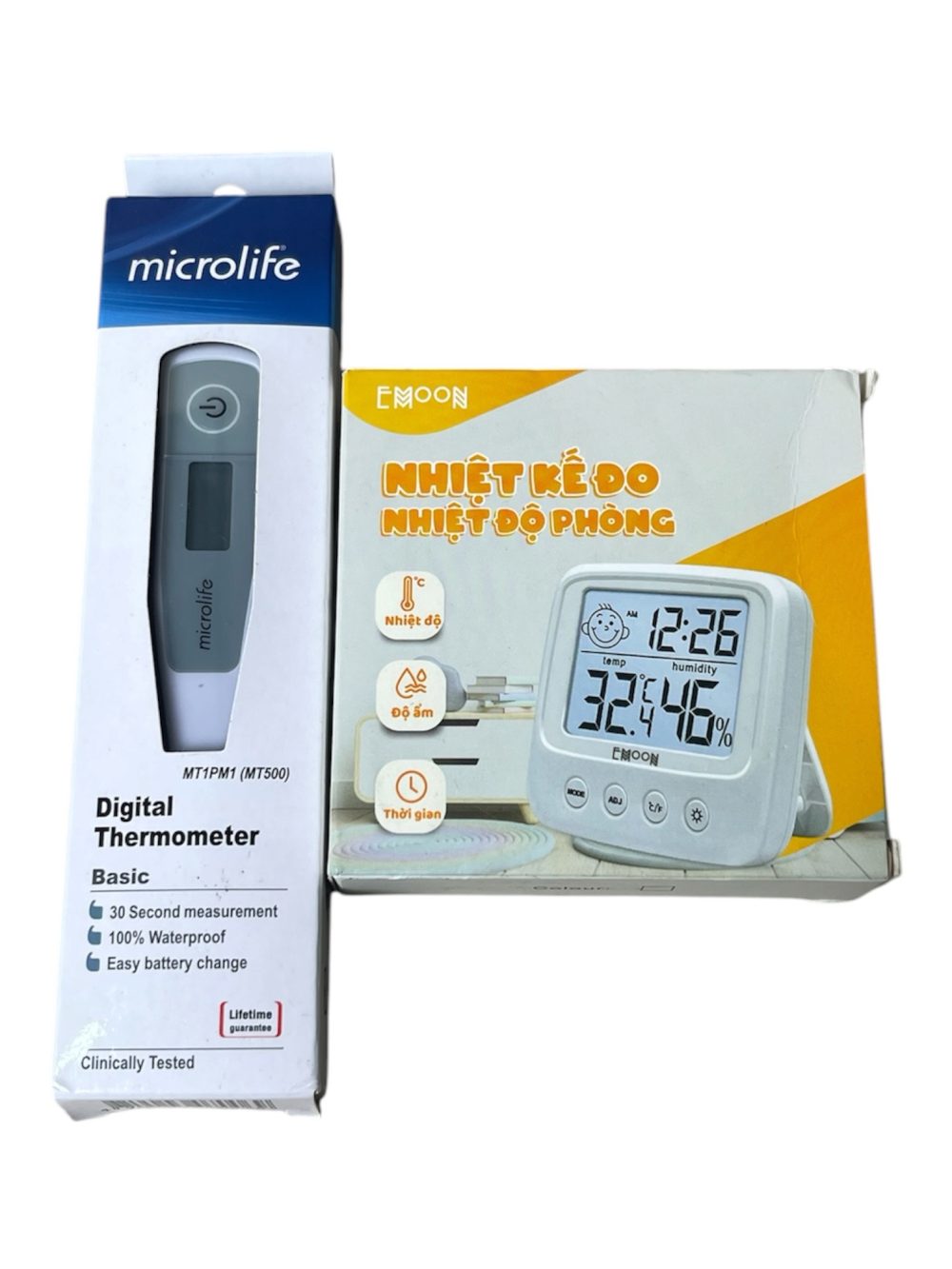Nhiệt kế microlife, máy đo độ ẩm emoon ( full box) - Ảnh 1