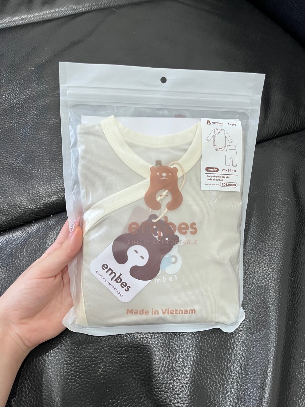 Body chip dài tay kèm quần kẻ Embes màu nâu (size 6→9m) - Ảnh 2
