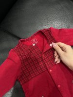 Bộ liền thân dài Nous màu đỏ phối kẻ ca rô kèm mũ và lá cổ trắng (size 6→9m) - Ảnh 3
