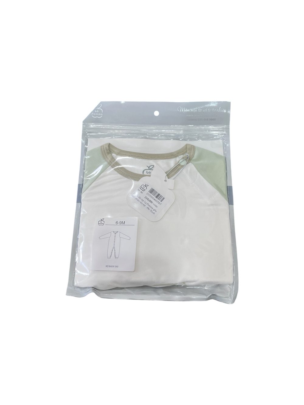 Bodysuit dài tay La Pomme màu xanh/be (size 6→9m) - Ảnh 1