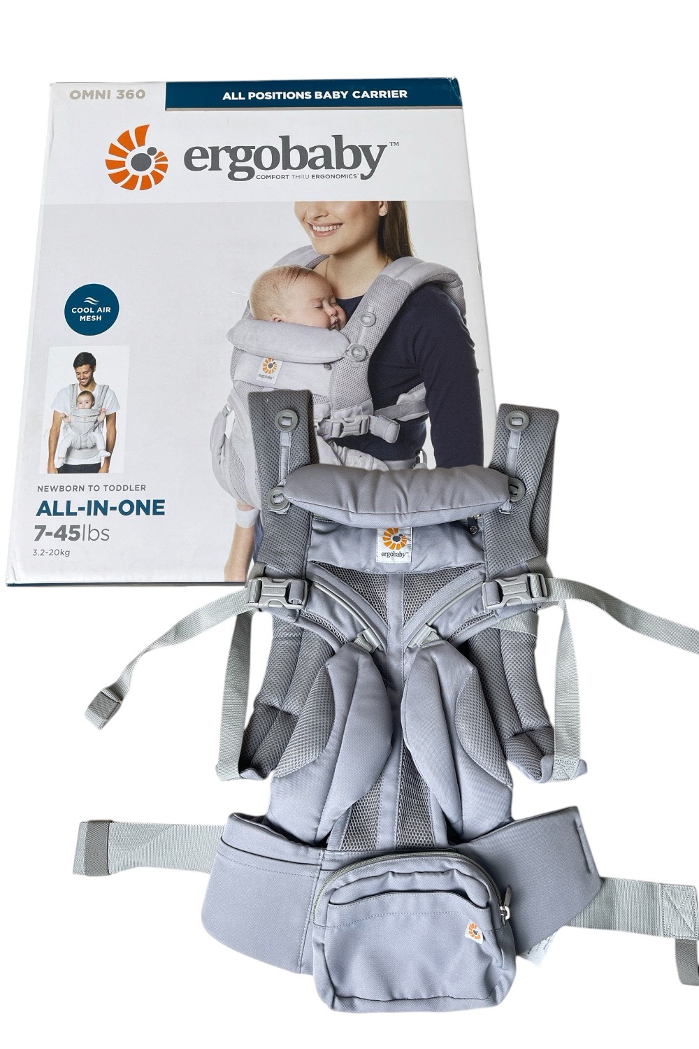 d31af605baaf4d1684c9b0fb1e0711e7 Địu cho bé Ergobaby Omni 360 Cool Air Mesh Pearl Grey (size: 3kg2->20kg ~ 0->48m, full box) - Ảnh 1