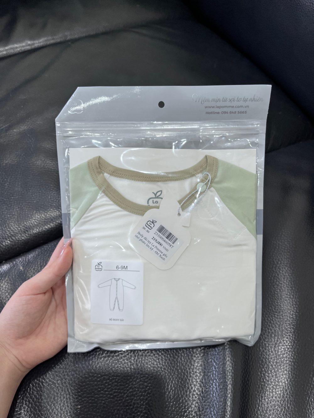 Bodysuit dài tay La Pomme màu xanh/be (size 6→9m) - Ảnh 2