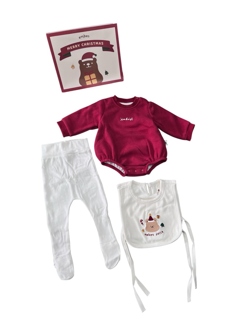 fdadc3d4fdbb4bb4be8bdc4d3385b47f Set bodysuit dài tay, quần tất, yếm Embes họa tiết giáng sinh (size 3→6m) - Ảnh 1
