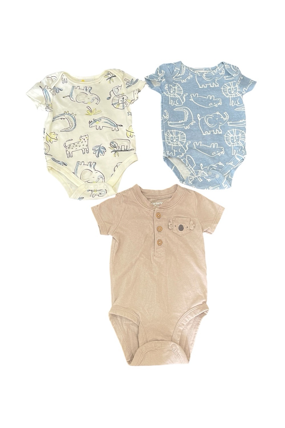 7a1bc05b94354c2892648f50ac320335 Set 3 bộ bodysuit Litte Chickadees và Carter’s màu trắng, xanh, be ( size: 0->3m) - Ảnh 1
